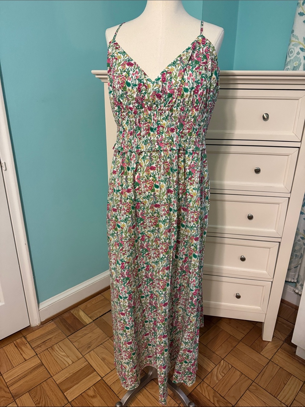 J Crew Floral Smocked Maxi Dress - Pink & Green - Picture 2 of 5